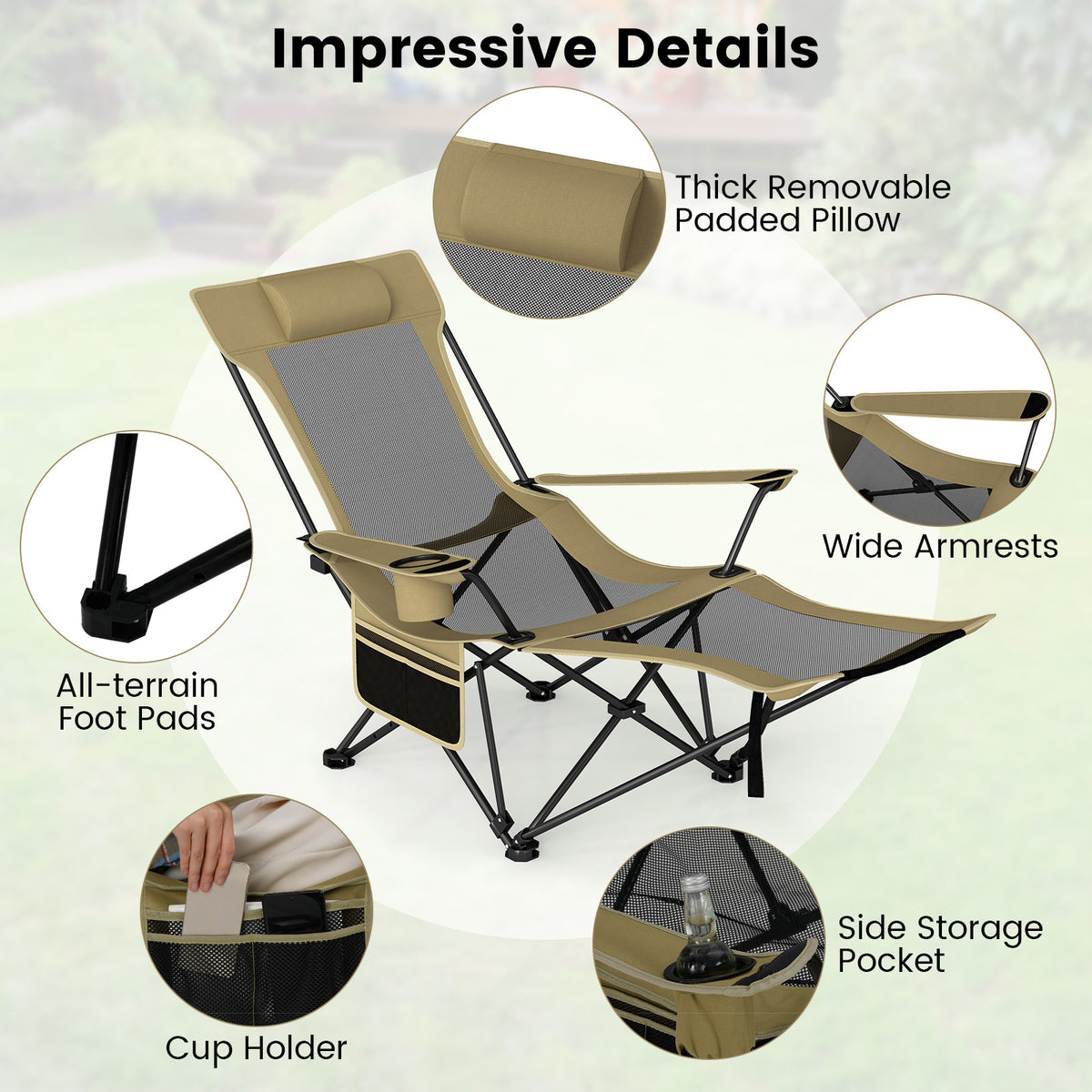 Reclining Camping Chair with Removable Footrest and Adjustable