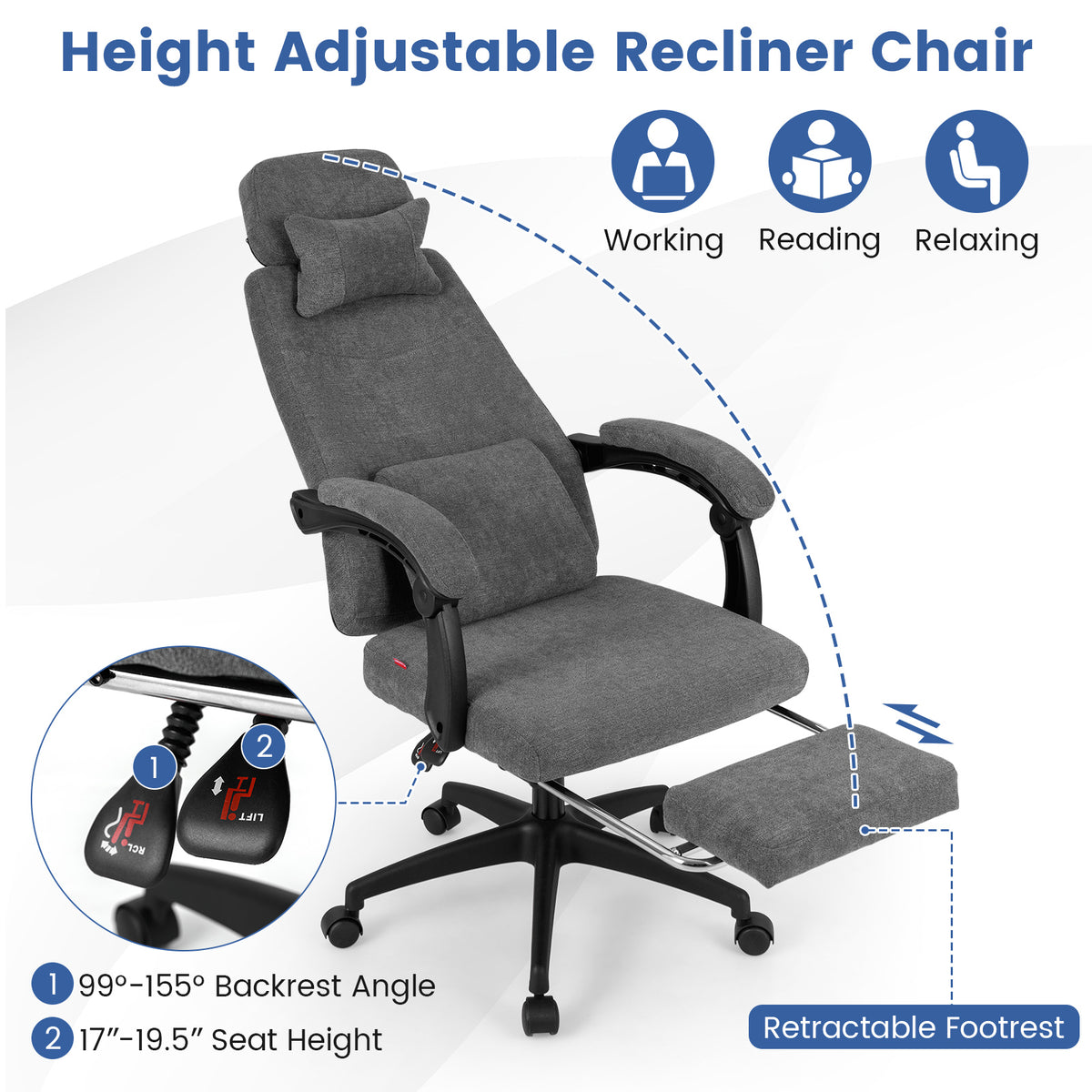 Reclining Office Chair Chenille Fabric Gray
