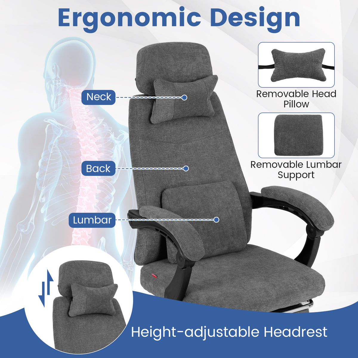 Reclining Office Chair Chenille Fabric Gray