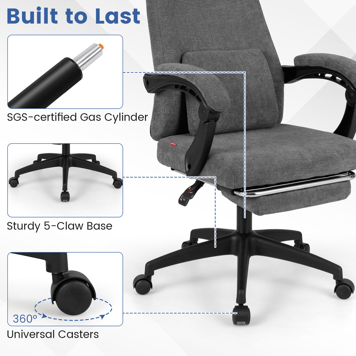 Reclining Office Chair Chenille Fabric Gray