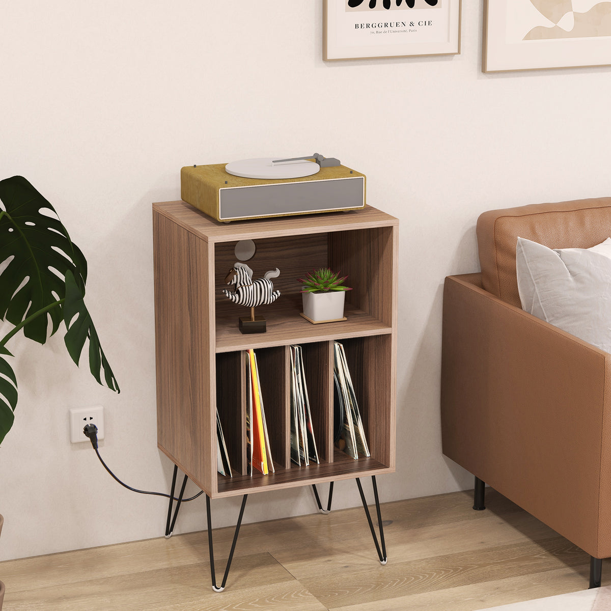 Record Player Stand with Charging Station, White