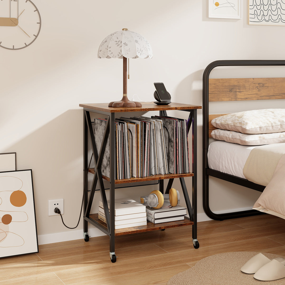 Mid-Century Record Player Stand with Charging Station, Gray