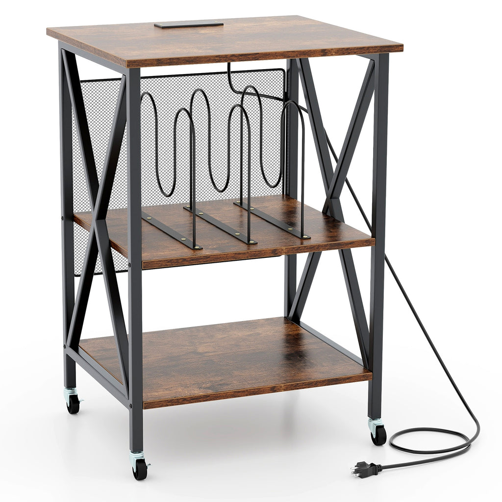 Mid-Century Record Player Stand with Vinyl Divider, Rustic Brown
