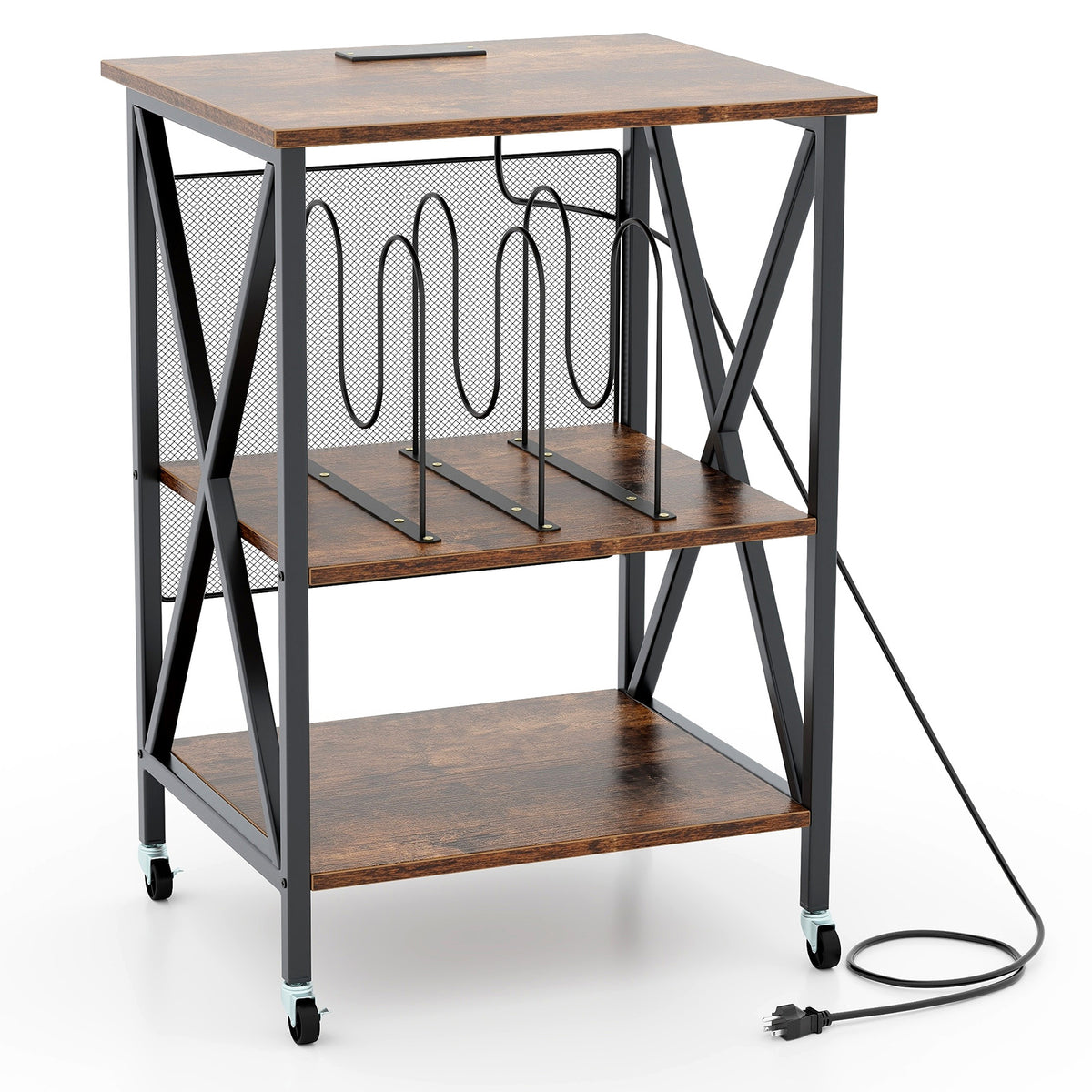 Mid-Century Record Player Stand with Vinyl Divider, Rustic Brown