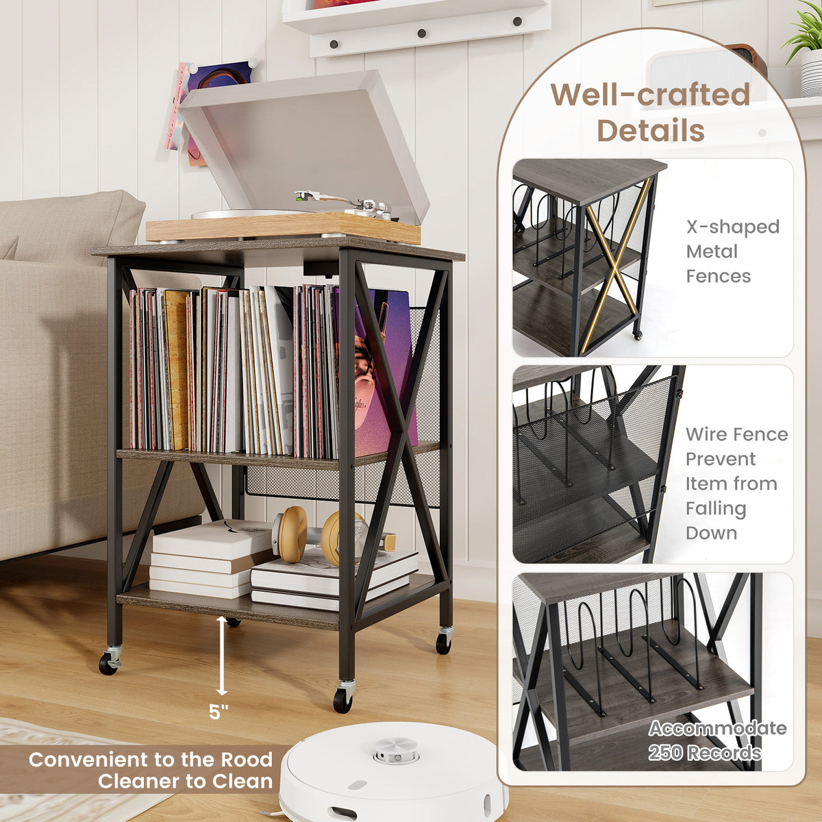 Mid-Century Record Player Stand with Charging Station, Gray