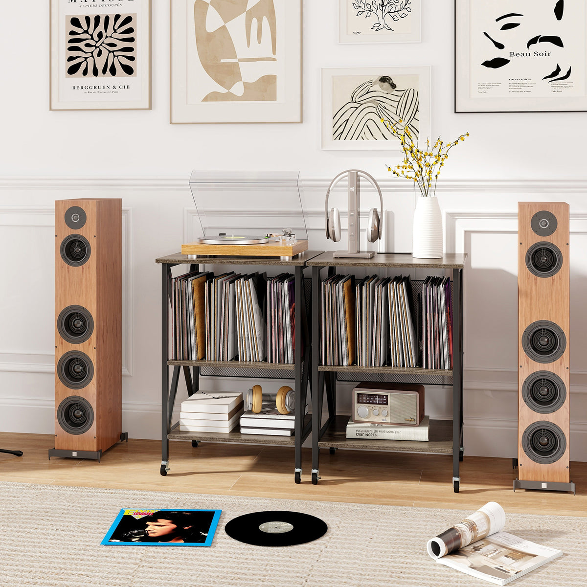Mid-Century Record Player Stand with Charging Station, Gray