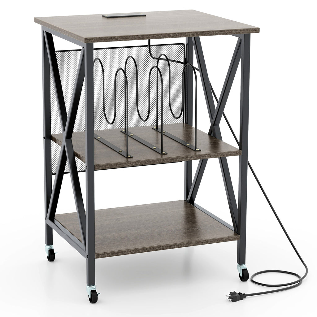 Mid-Century Record Player Stand with Charging Station, Gray