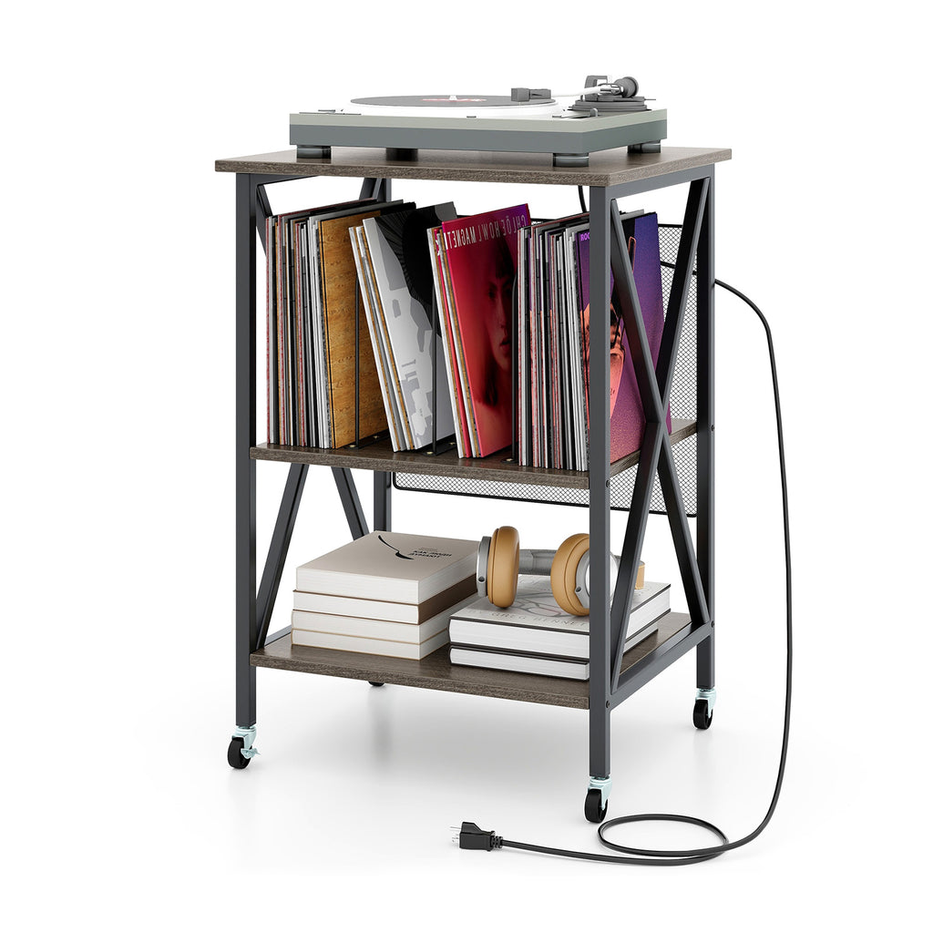 Mid-Century Record Player Stand with Charging Station, Gray