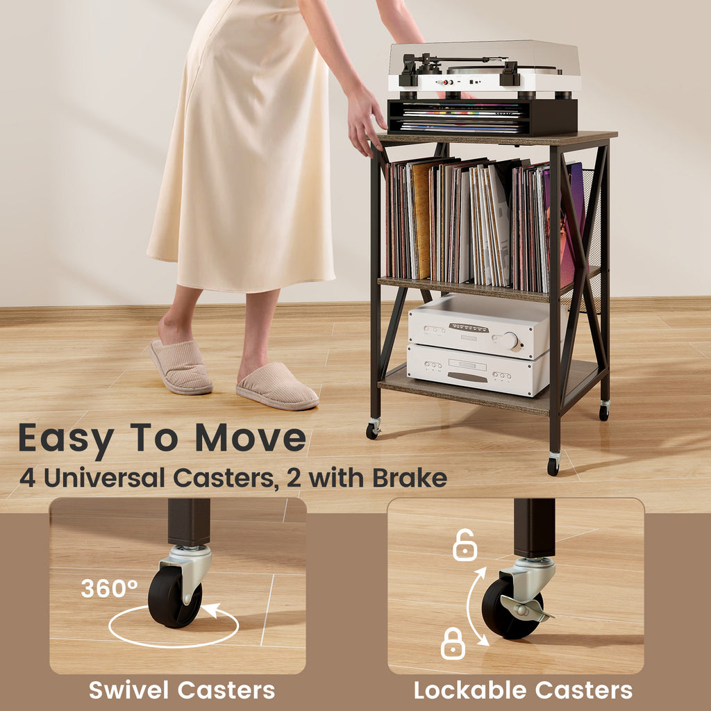 Mid-Century Record Player Stand with Charging Station, Gray