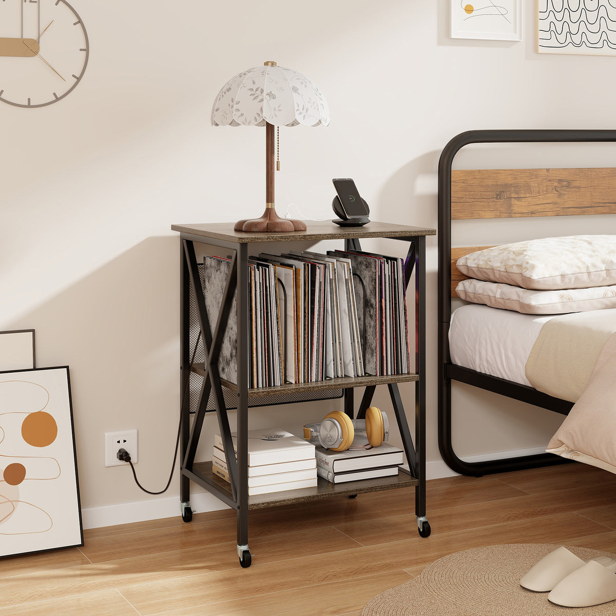 Mid-Century Record Player Stand with Charging Station, Gray