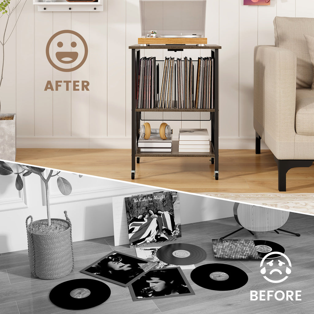 Mid-Century Record Player Stand with Charging Station, Gray