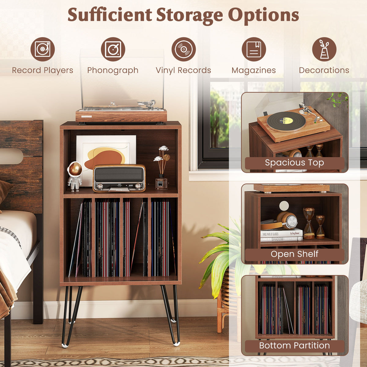 Record Player Stand with Charging Station - Walnut