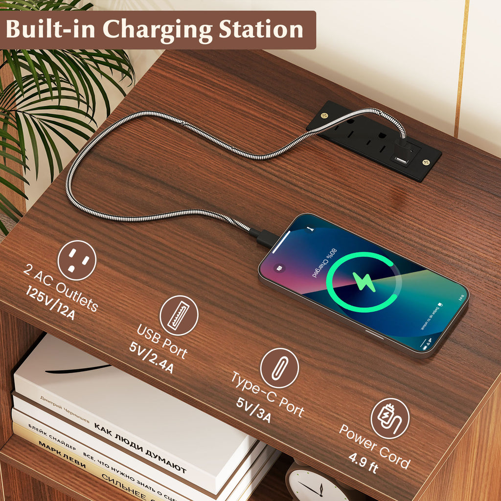 Record Player Stand with Charging Station - Walnut