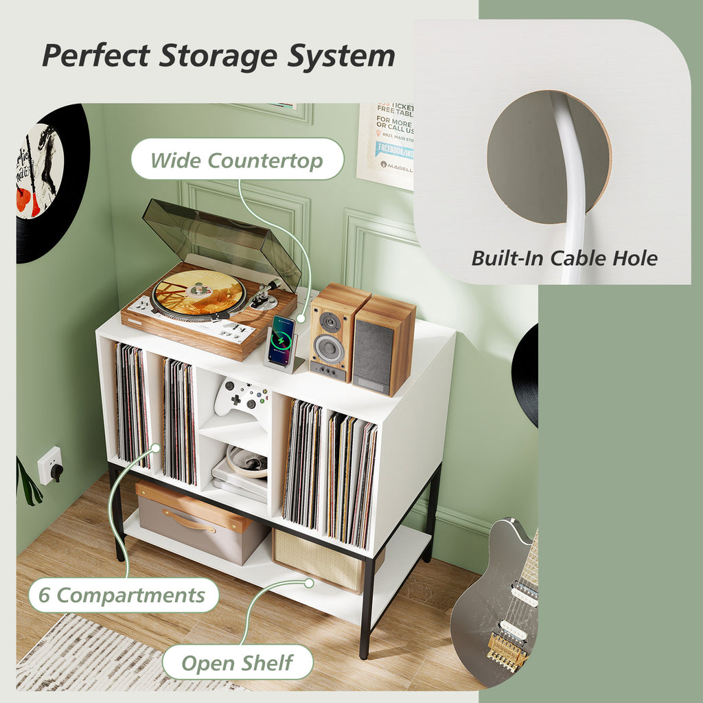 Record Player Stand with Charging Station, White Metal Frame