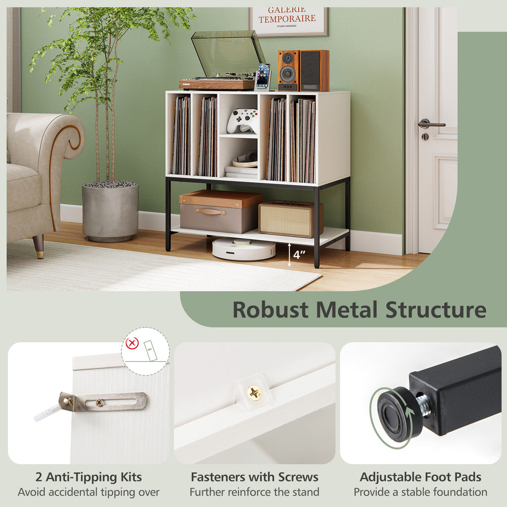 Record Player Stand with Charging Station, White Metal Frame