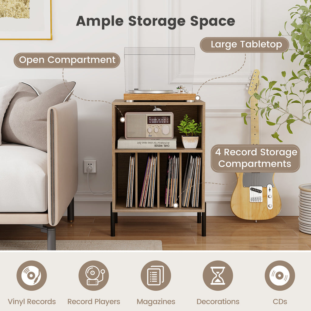 Vinyl Record Player Stand with Storage Shelf and Charging Station - Natural