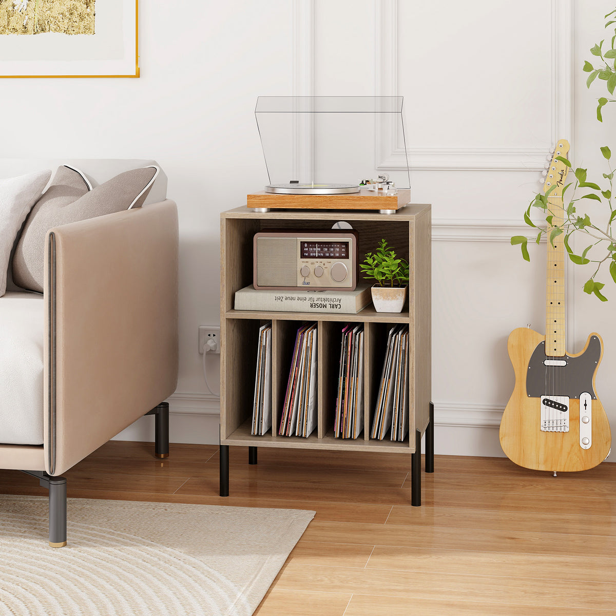 Vinyl Record Player Stand with Storage Shelf and Charging Station - Natural
