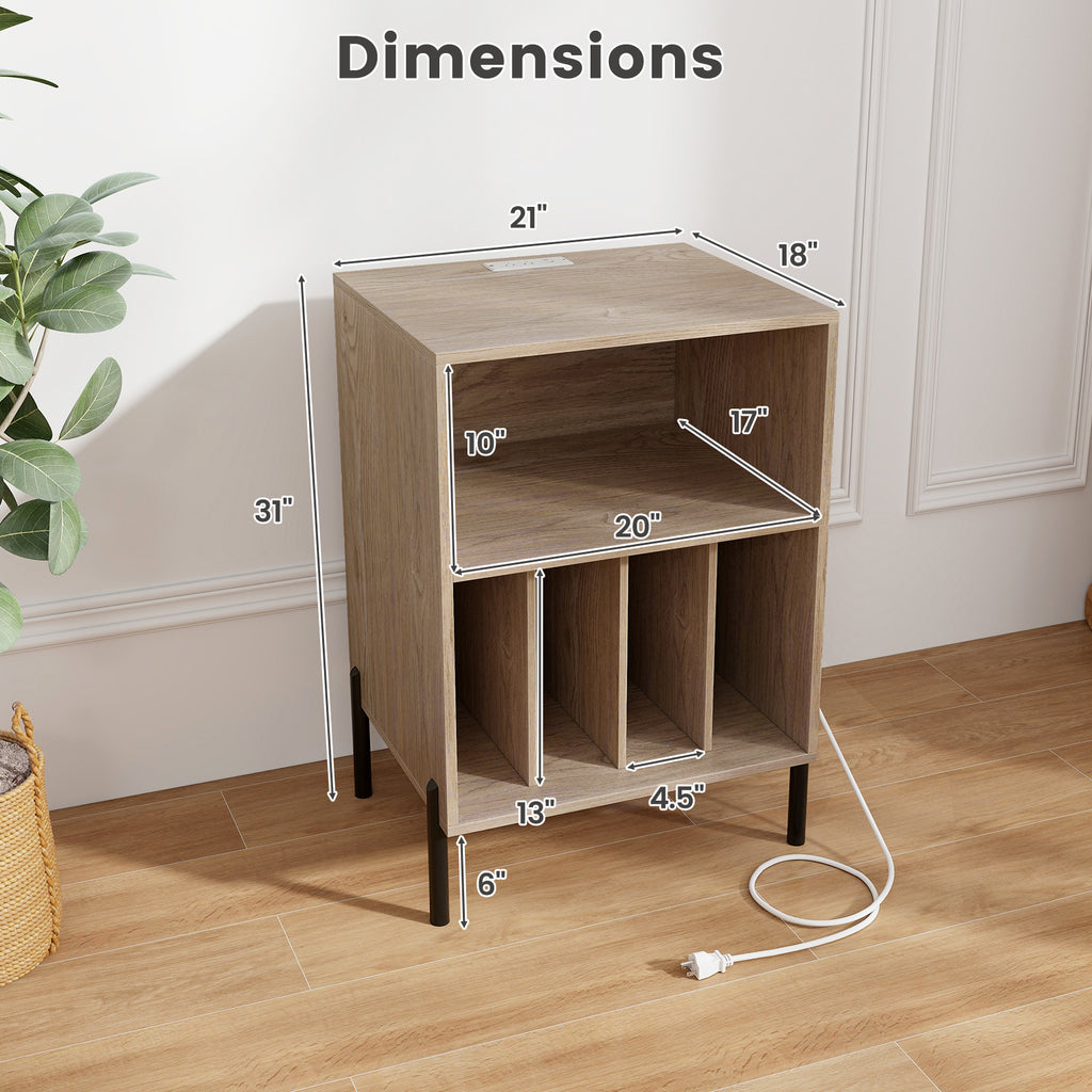 Vinyl Record Player Stand with Storage Shelf and Charging Station - Natural
