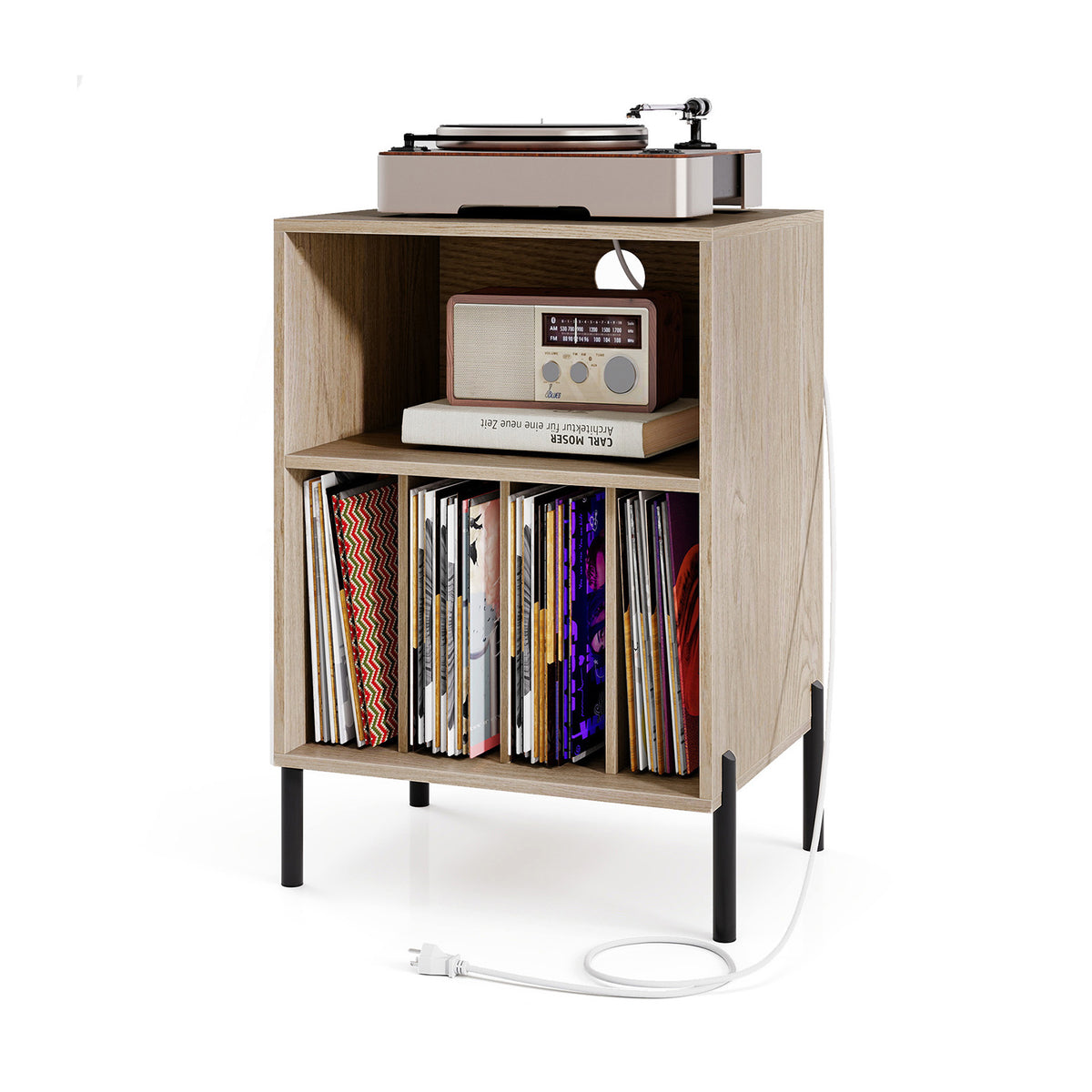 Vinyl Record Player Stand with Storage Shelf and Charging Station - Natural