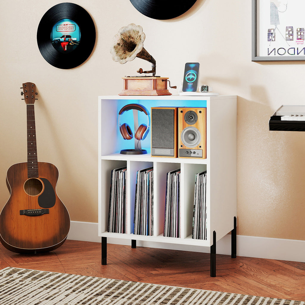 Record Player Stand with LED Light and Charging Station - White