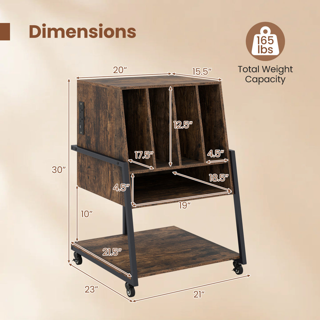 Record Player Stand with Wheels, Power Outlets – Rustic Brown