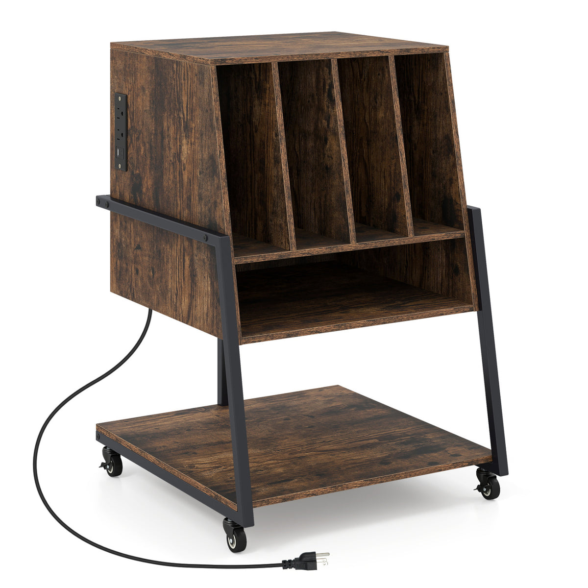 Record Player Stand with Wheels, Power Outlets – Rustic Brown