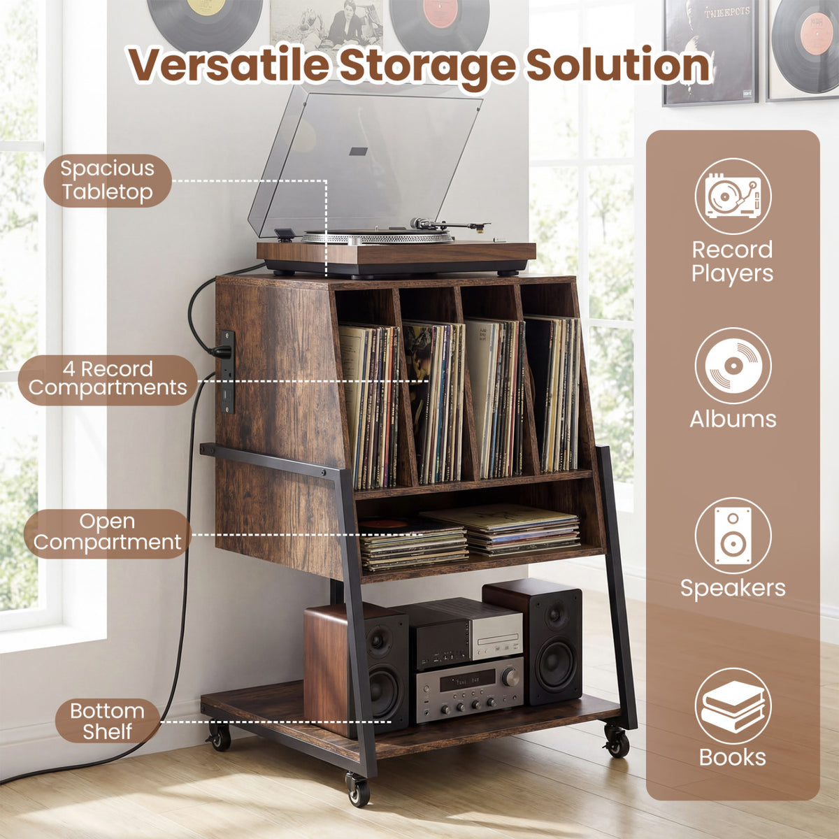 Record Player Stand with Wheels, Power Outlets – Rustic Brown