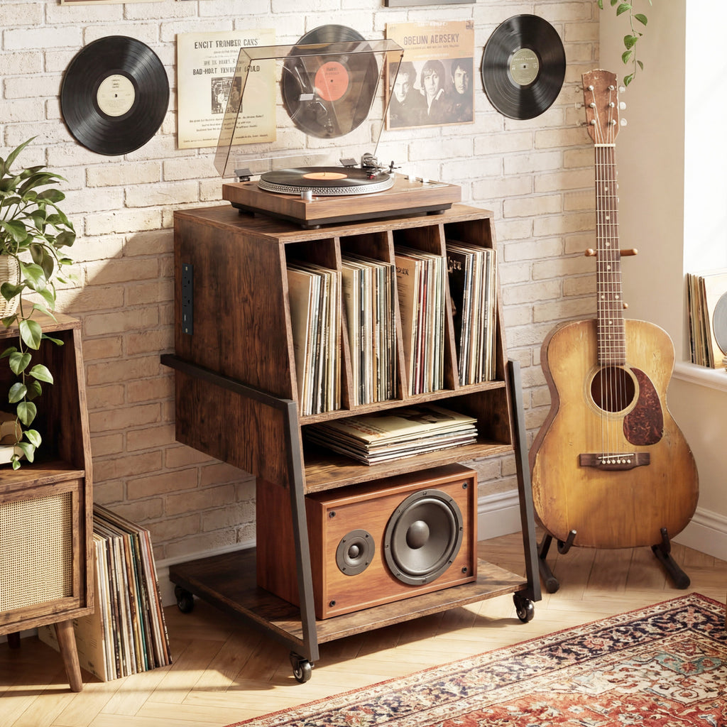 Record Player Stand with Wheels, Power Outlets – Rustic Brown