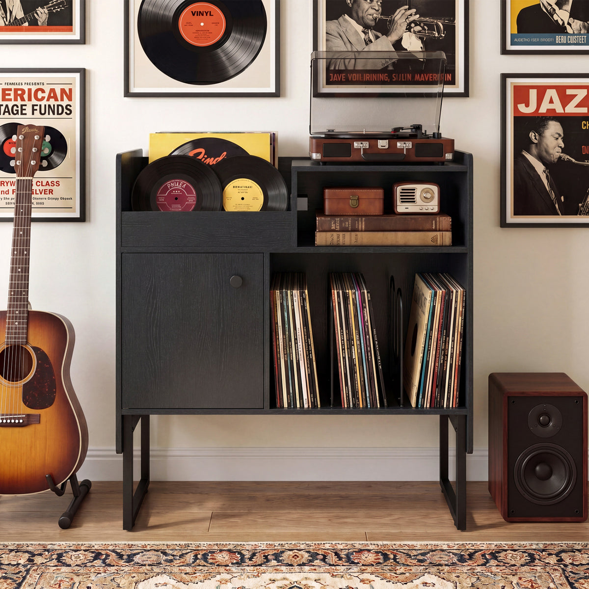 Record Player Stand with Vinyl Storage and Power Outlets - Black