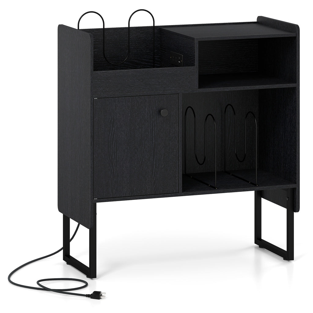 Record Player Stand with Vinyl Storage and Power Outlets - Black