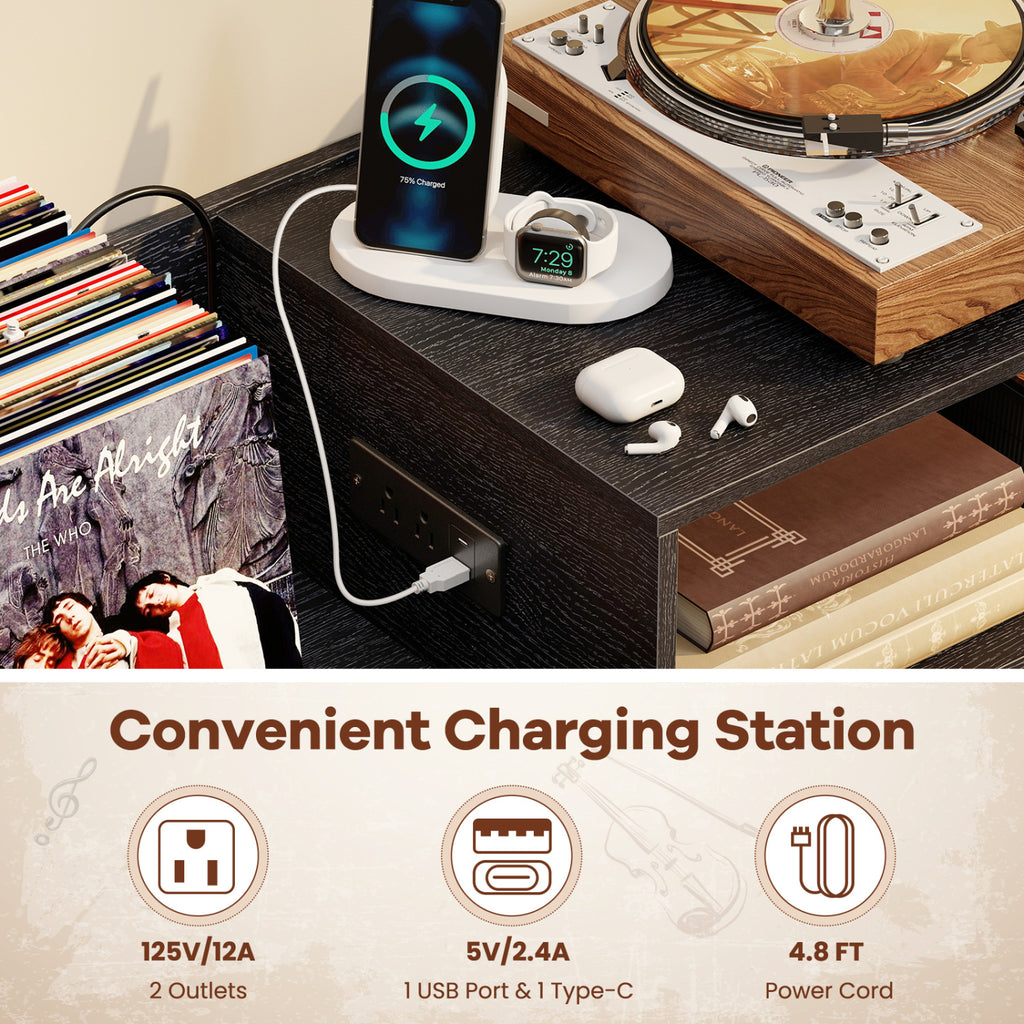 Record Player Stand with Vinyl Storage and Power Outlets - Black