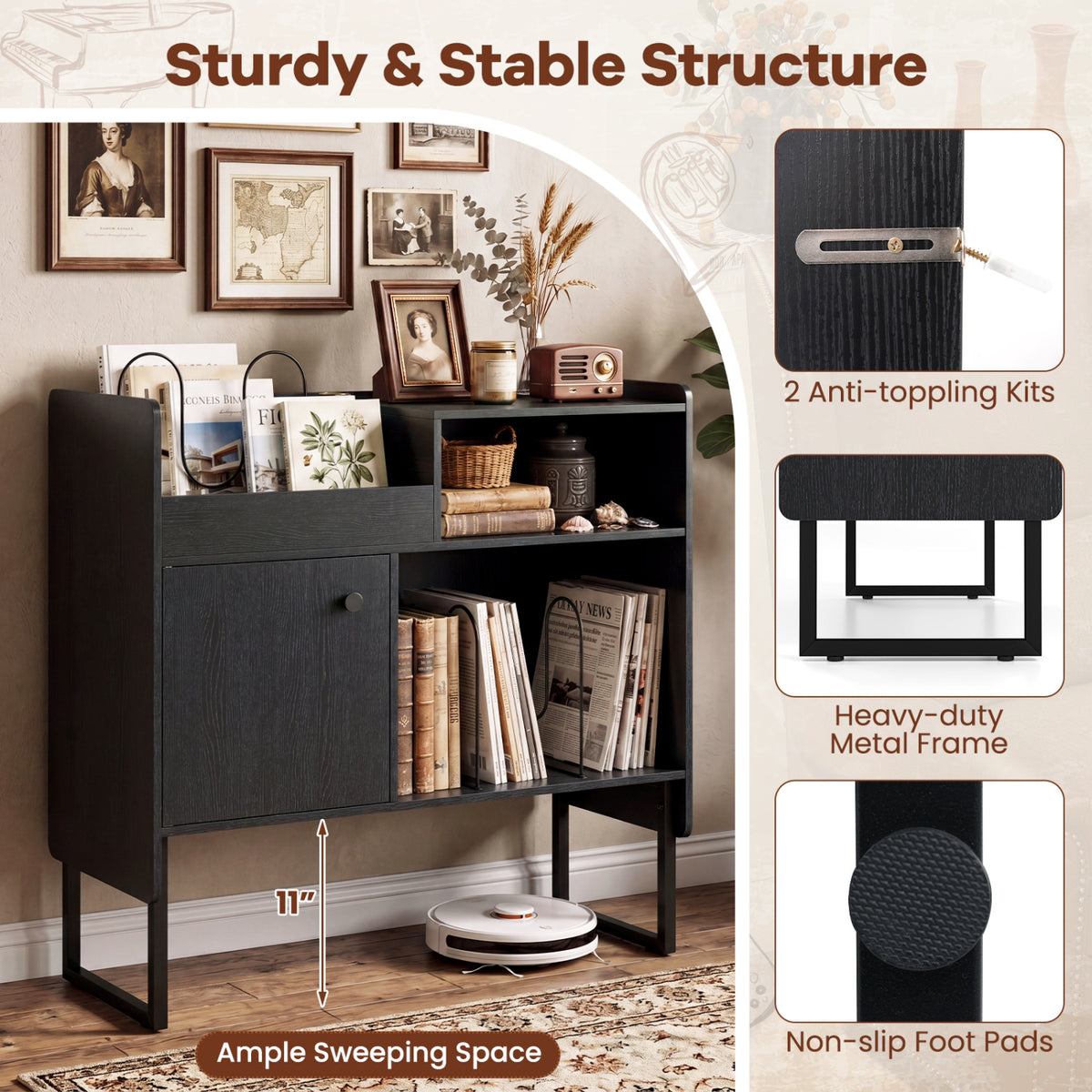 Record Player Stand with Vinyl Storage and Power Outlets - Black