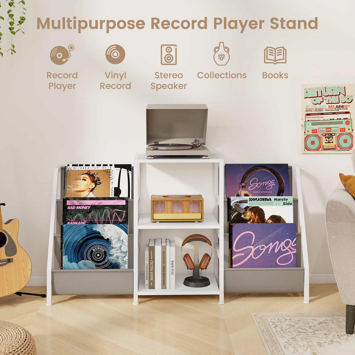Record Player Stand for up to 200 Albums – White