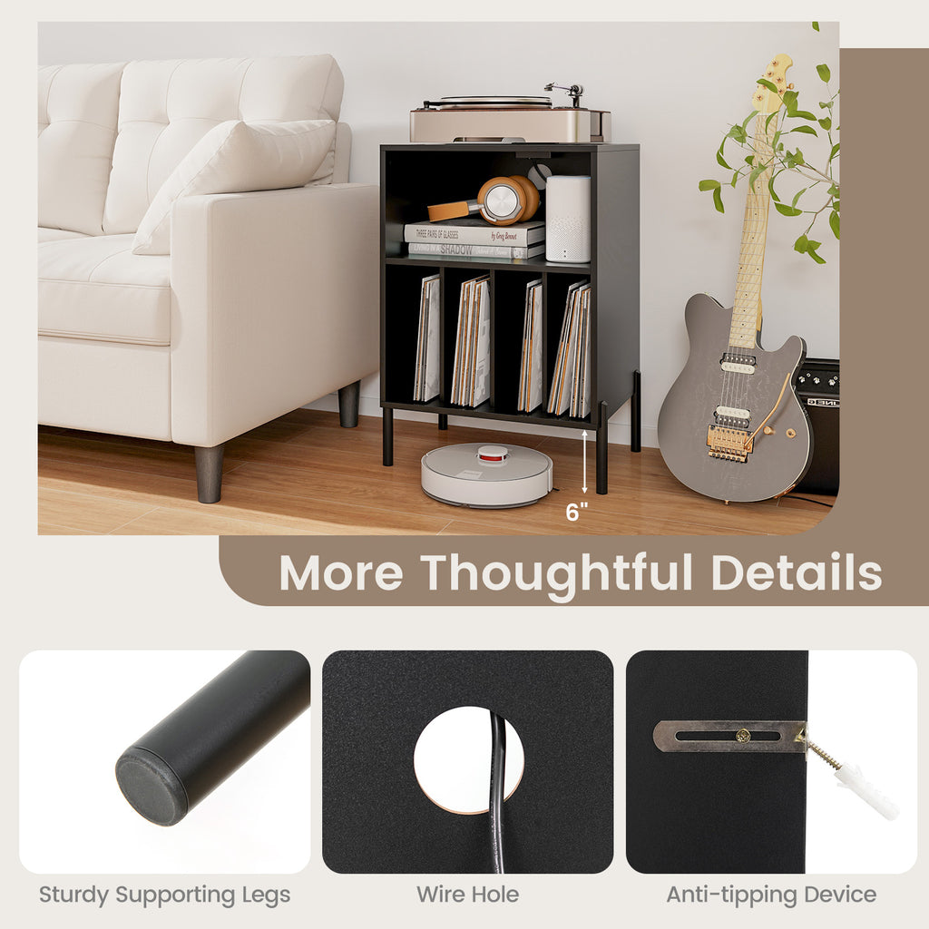 Record Player Stand with Storage Shelf & Charging Station - Black