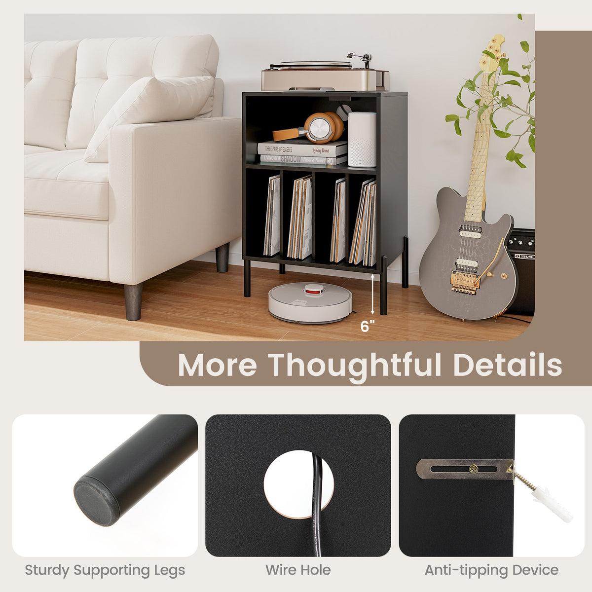 Record Player Stand with Storage Shelf & Charging Station - Black