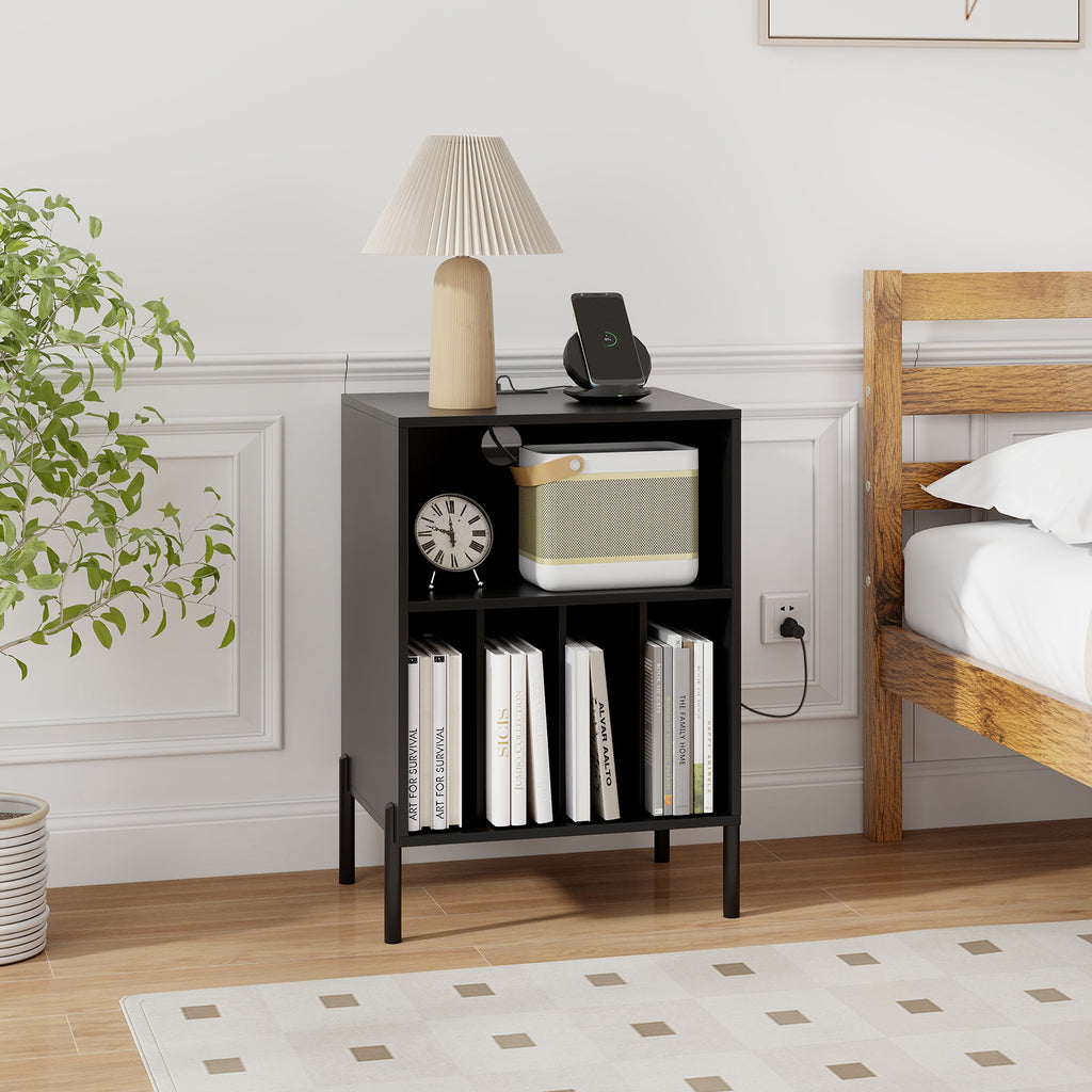 Record Player Stand with Storage Shelf & Charging Station - Black