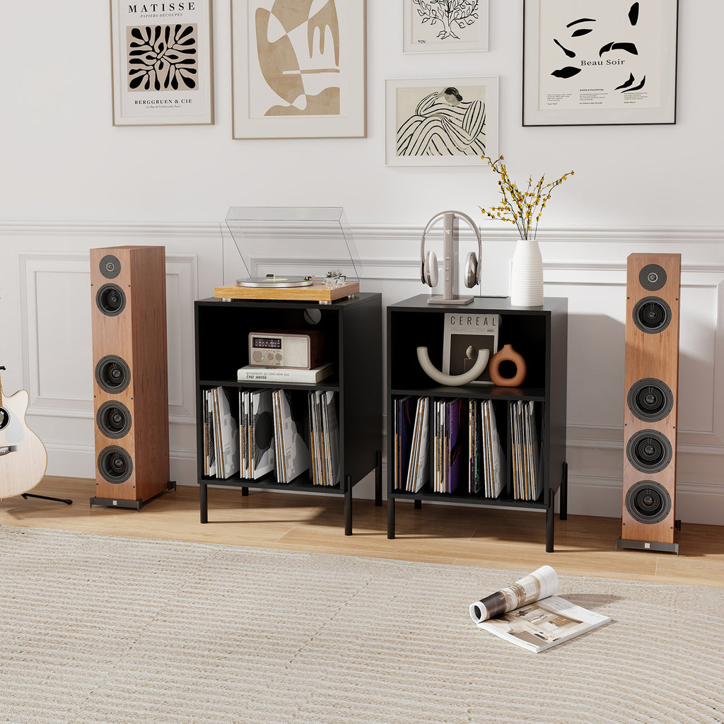 Record Player Stand with Storage Shelf & Charging Station - Black