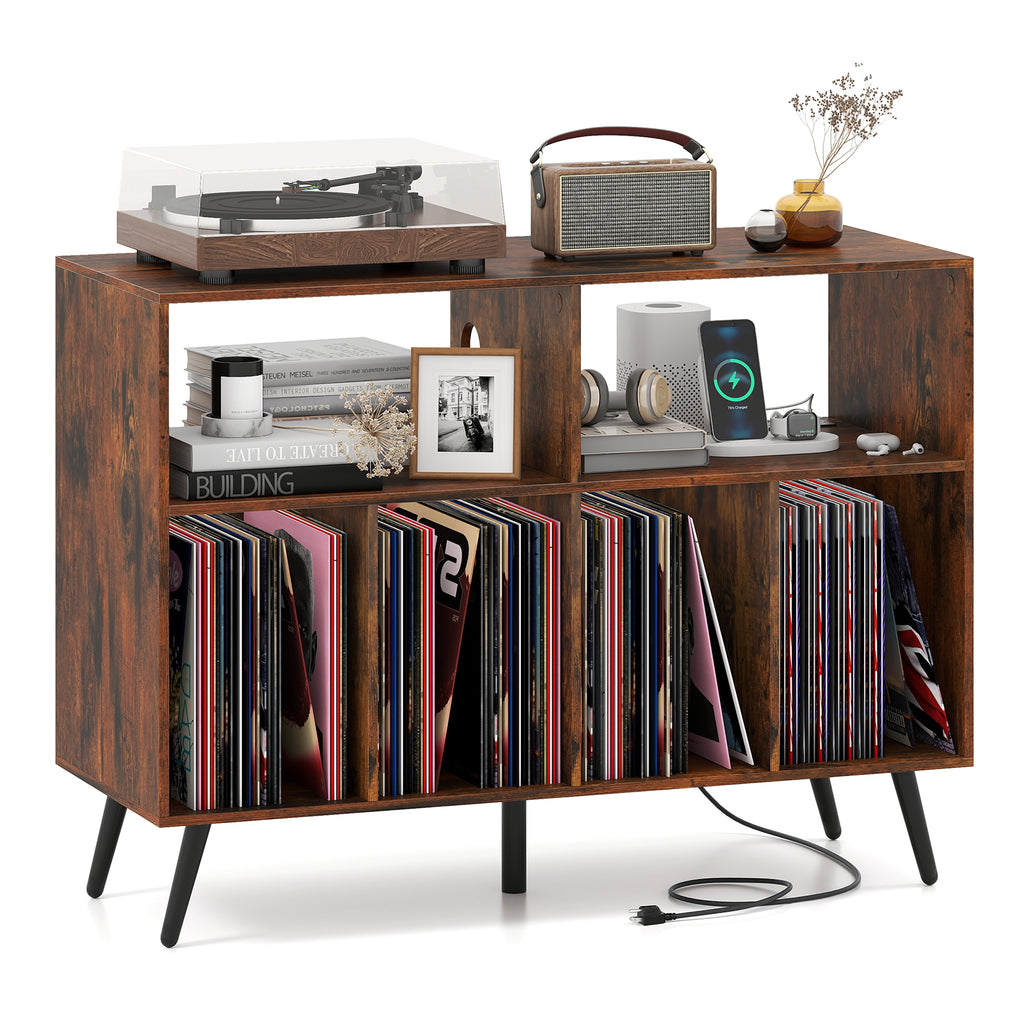 Record Player Stand with Charging Station and Open Shelves - Rustic Brown