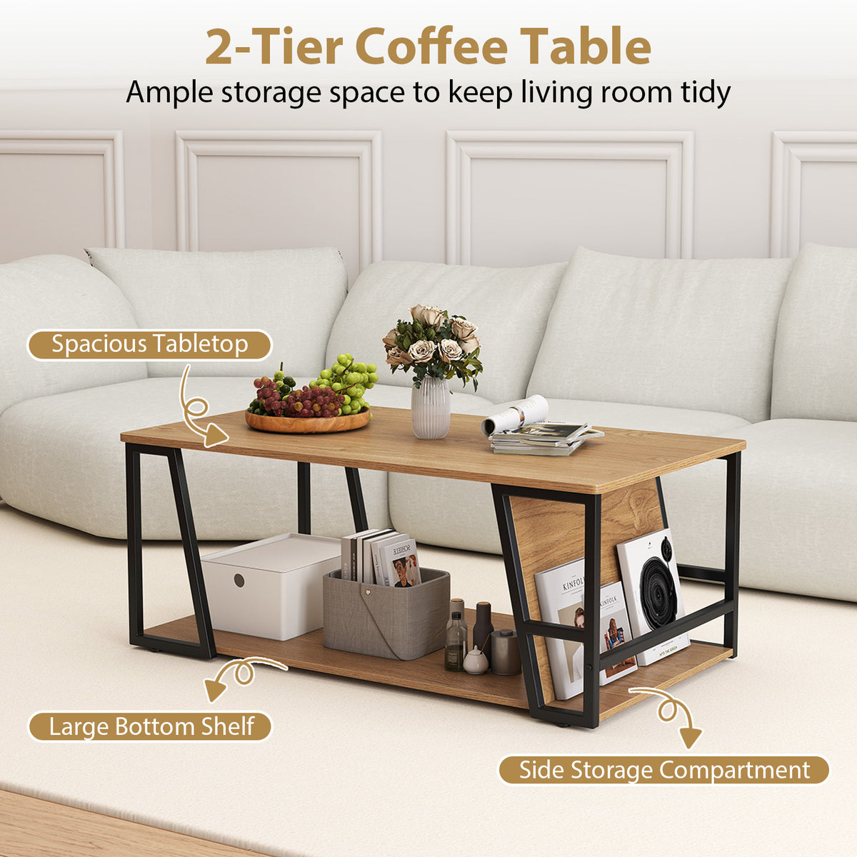 Rectangle Coffee Table 2-Tier Industrial Storage - Natural