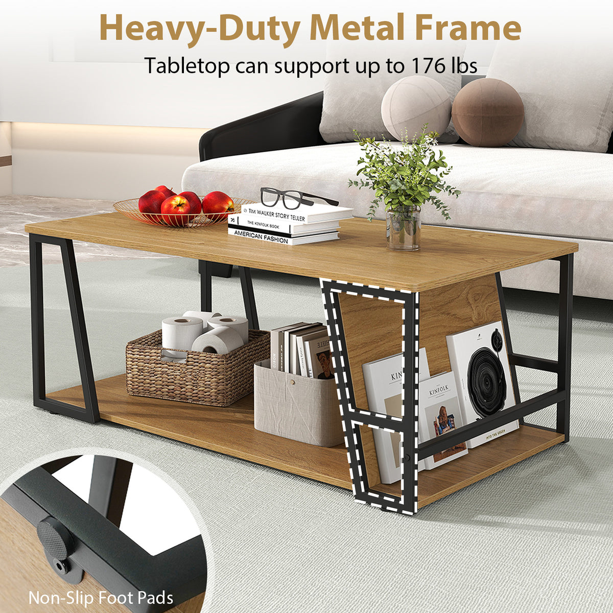 Rectangle Coffee Table 2-Tier Industrial Storage - Natural