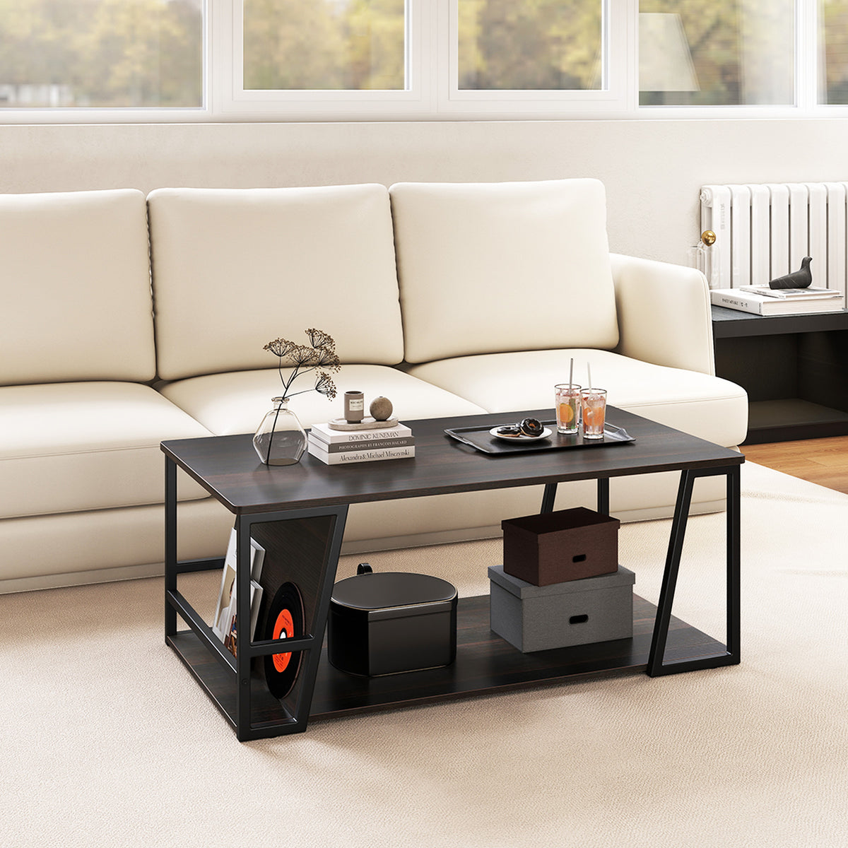 Rectangle Coffee Table 2-Tier Industrial Storage - Natural