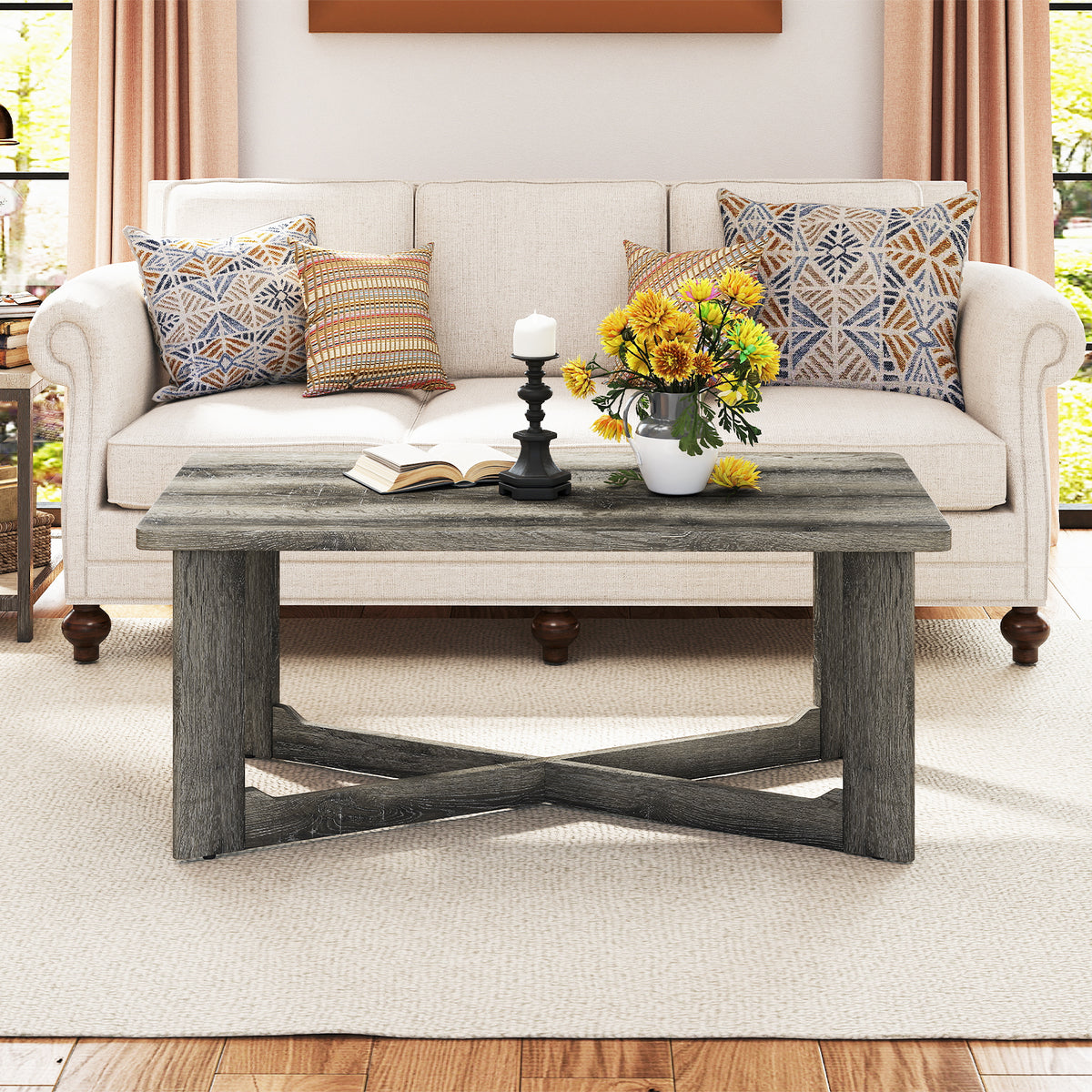 Rectangle Coffee Table with X-Shaped Base - Gray