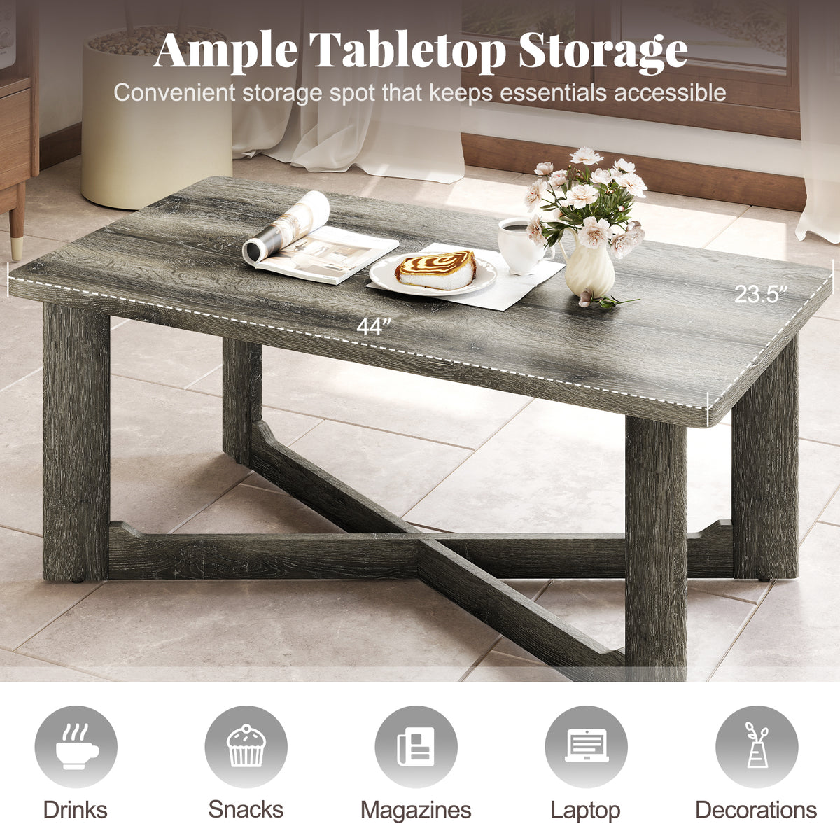 Rectangle Coffee Table with X-Shaped Base - Gray