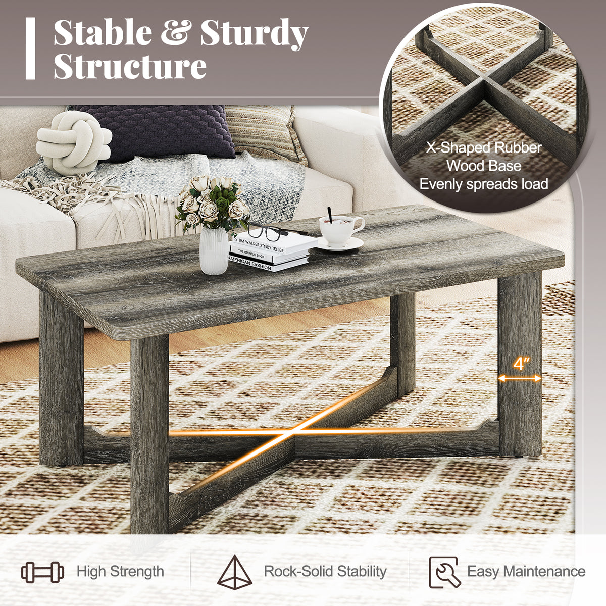 Rectangle Coffee Table with Rubber Wood Base - Gray