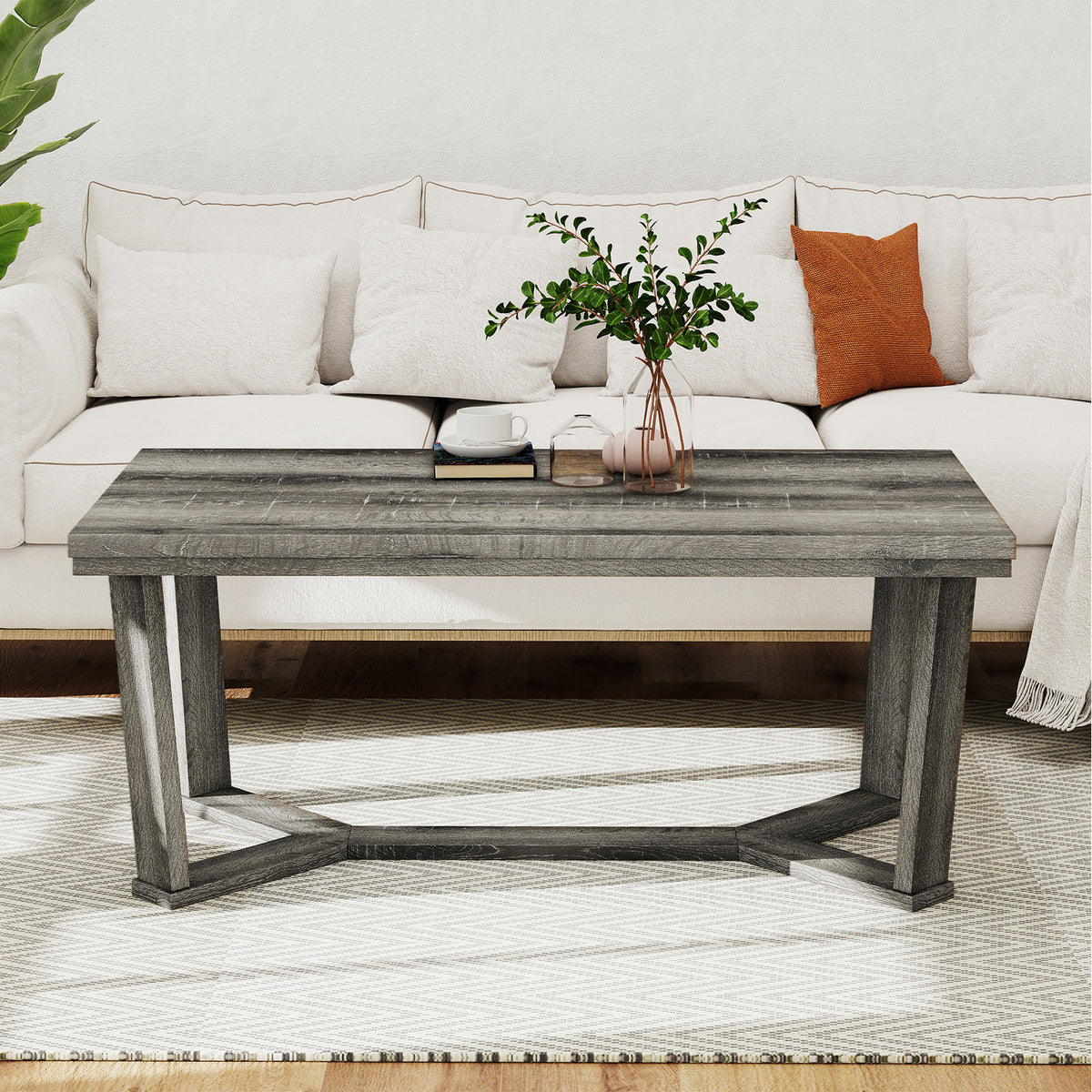 Rectangle Coffee Table with Rubber Wood Base - Gray