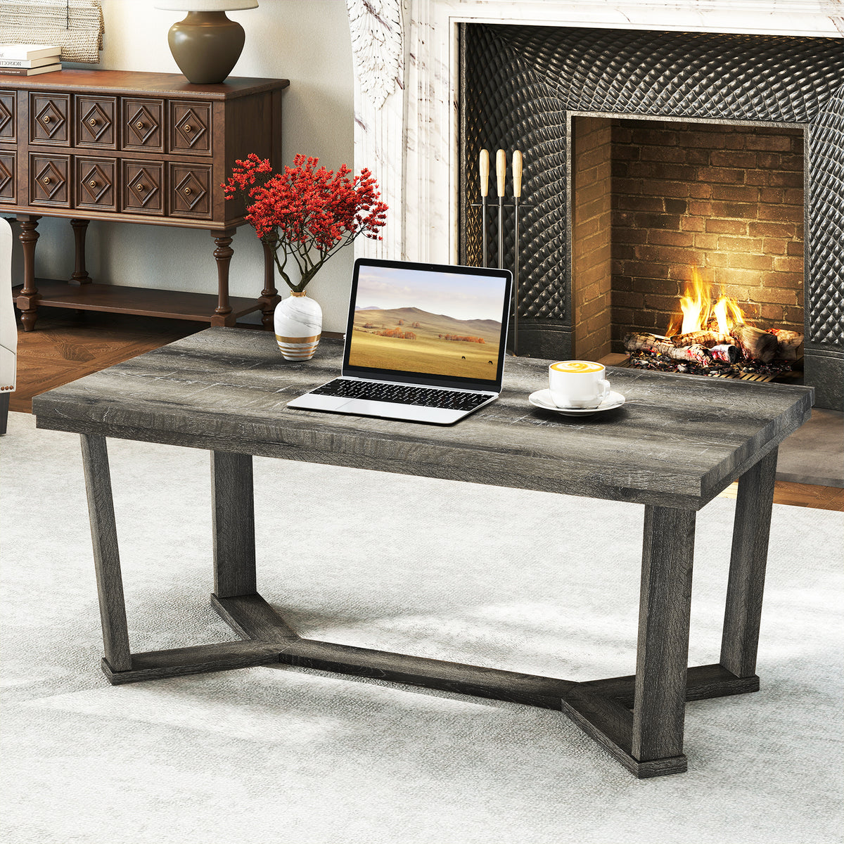 Rectangle Coffee Table with Rubber Wood Base - Gray