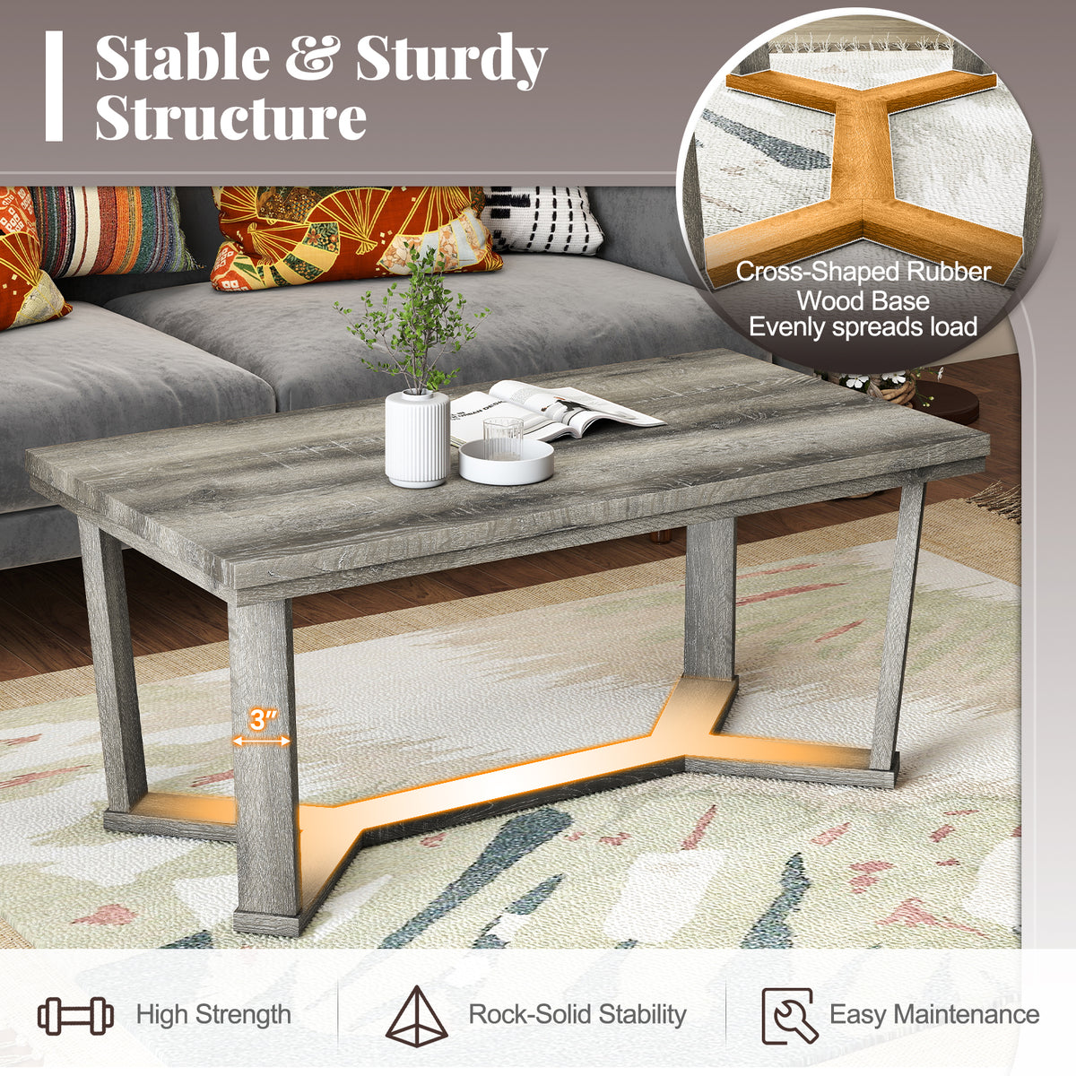 Rectangle Coffee Table with Rubber Wood Base - Gray