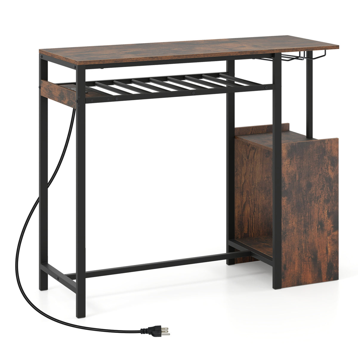 Rectangular Bar Table with Charging Station and RGB LED Light - Rustic Brown