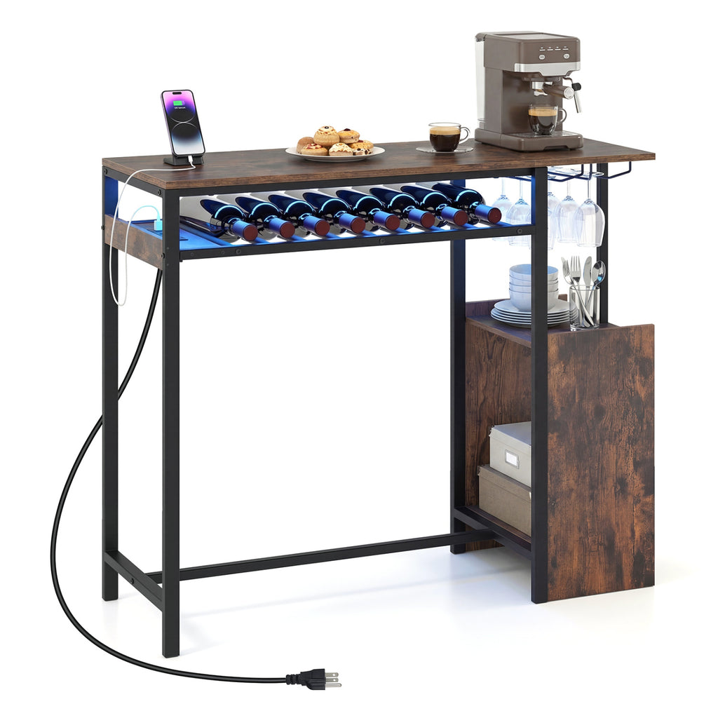 Rectangular Bar Table with Charging Station and RGB LED Light - Rustic Brown