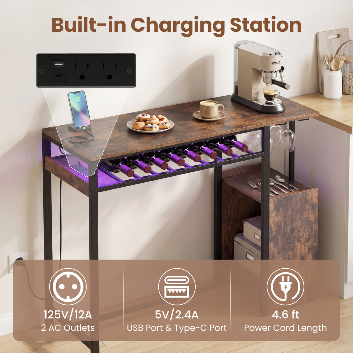 Rectangular Bar Table with Charging Station and RGB LED Light - Rustic Brown